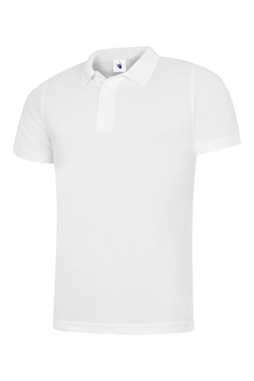 White short-sleeve polo shirt with a collared neckline, three-button placket, and a classic regular fit.