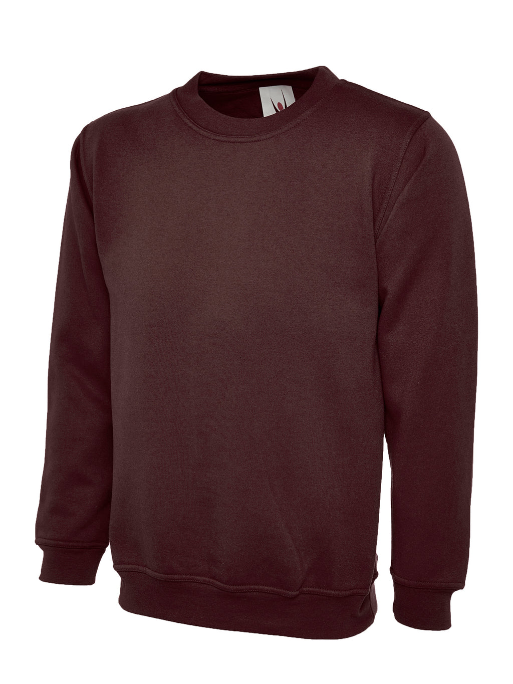Burgundy long-sleeve crewneck sweatshirt with ribbed cuffs and hem in a standard fit.