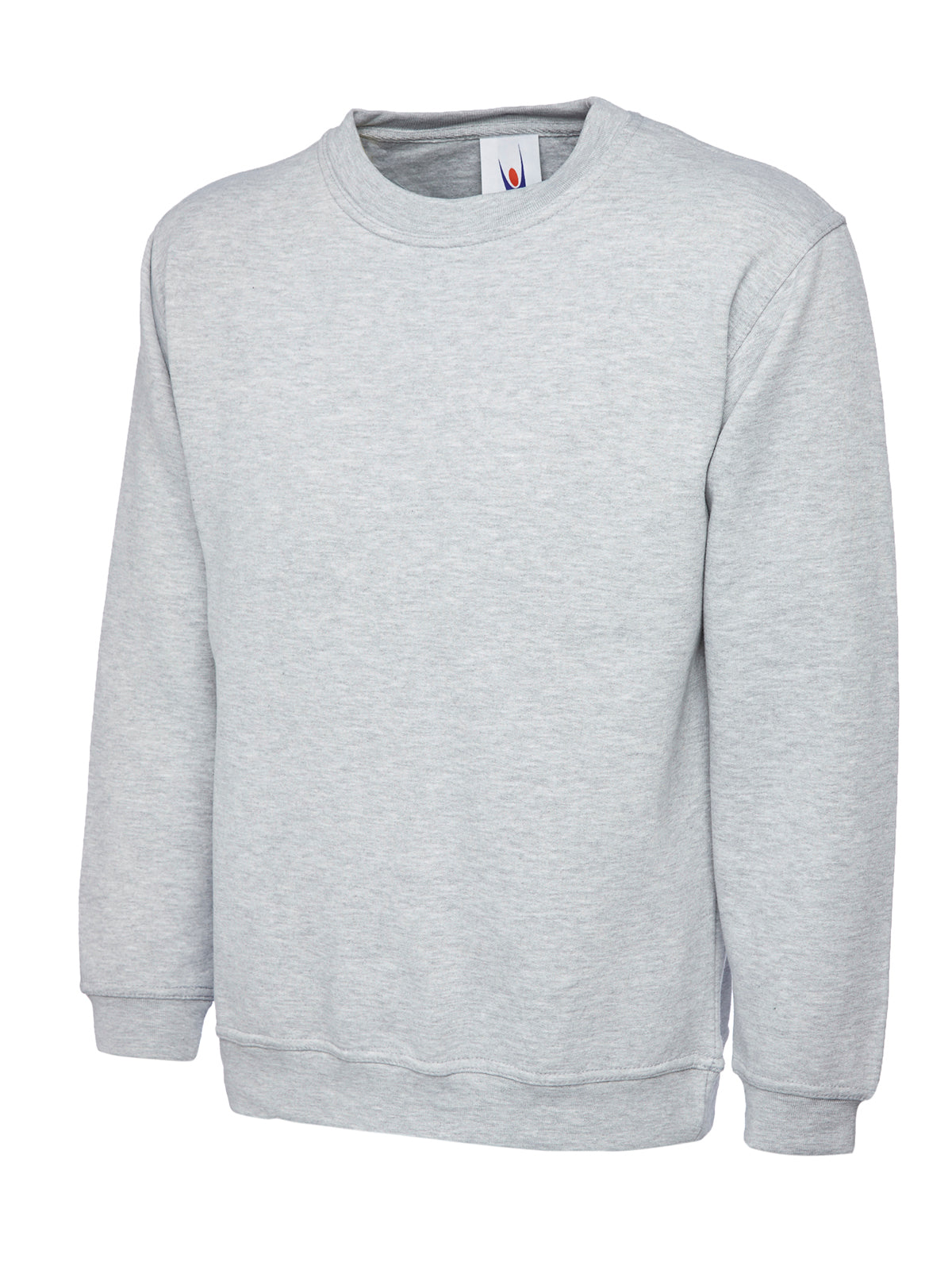 Light gray crew neck sweatshirt with long sleeves, ribbed cuffs, and a standard, relaxed fit.