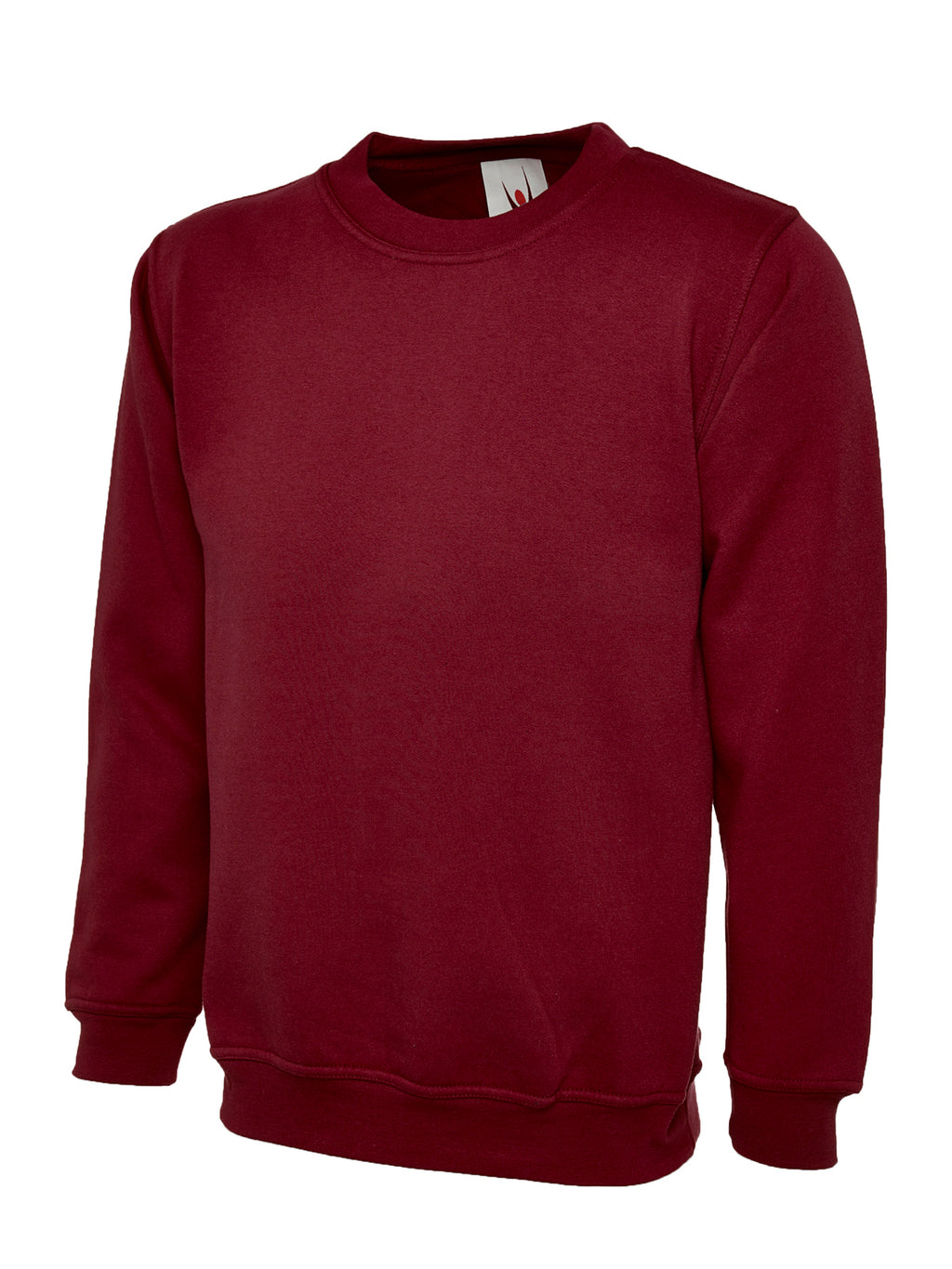 Maroon crewneck sweatshirt with long sleeves, ribbed cuffs, and a regular fit, isolated on white background.