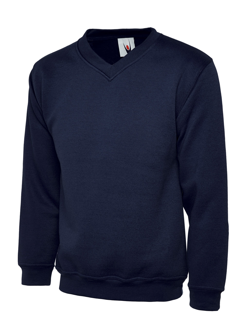 Navy blue v-neck sweatshirt with long sleeves, ribbed cuffs, and hem in a relaxed fit.