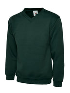 Dark green long-sleeve V-neck sweatshirt with ribbed cuffs and hem, relaxed fit.