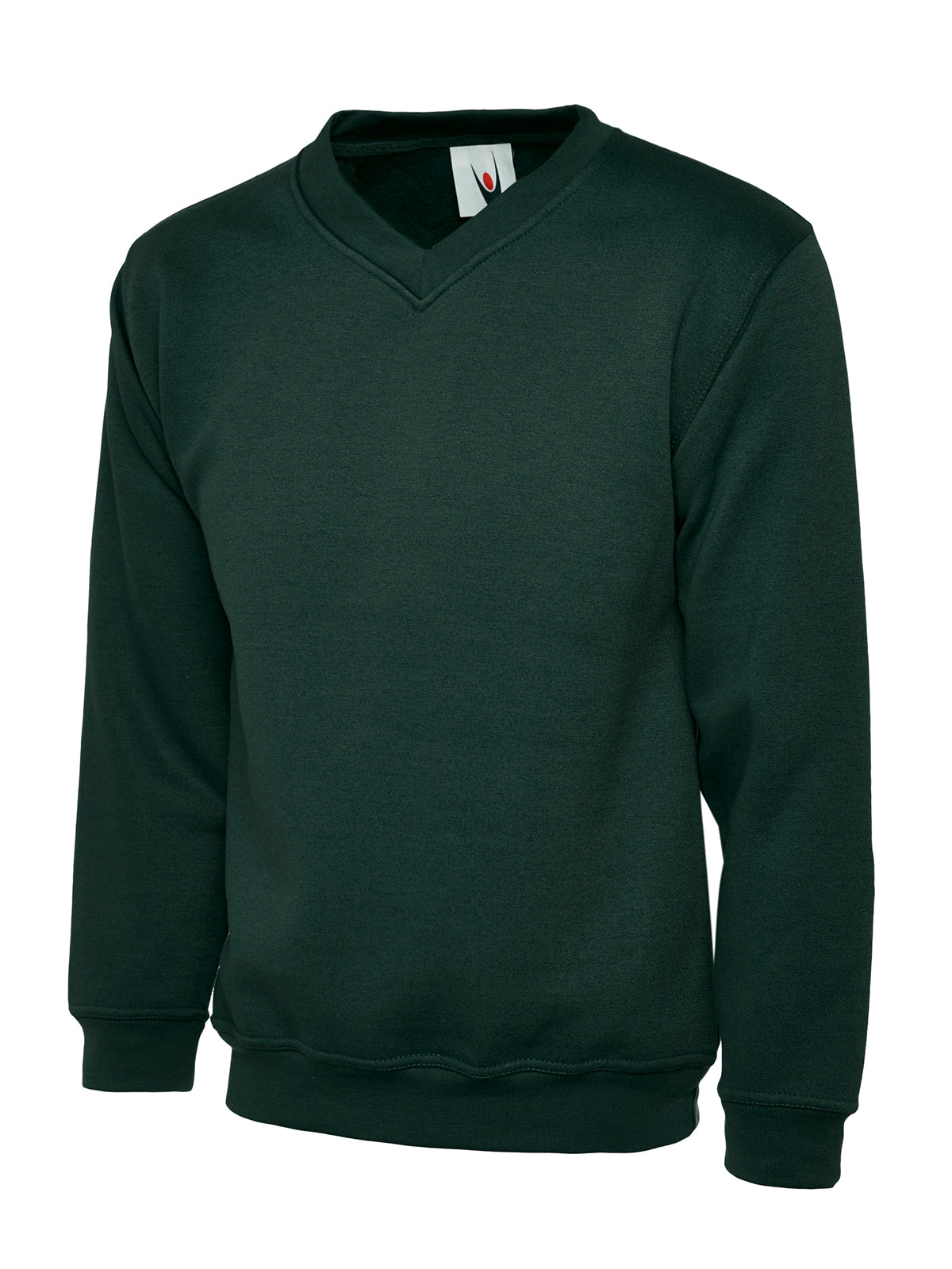 Dark green long-sleeve V-neck sweatshirt with ribbed cuffs and hem, relaxed fit.