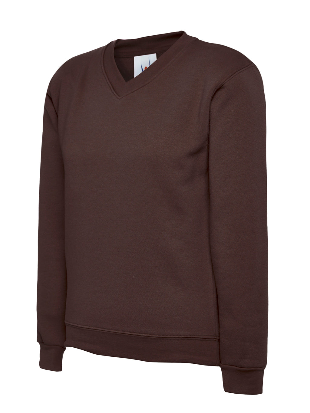 Dark brown V-neck long-sleeve sweatshirt with ribbed cuffs and hem, relaxed fit.