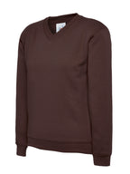 Dark brown V-neck long-sleeve sweatshirt with ribbed cuffs and hem, relaxed fit.