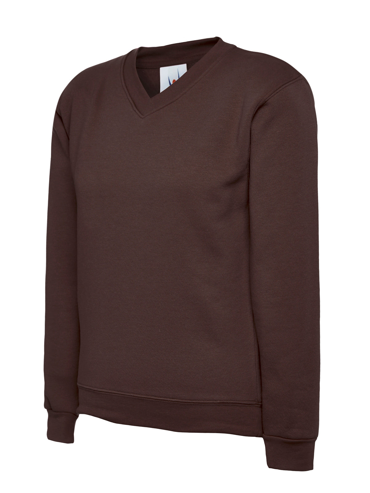 Dark brown V-neck long-sleeve sweatshirt with ribbed cuffs and hem, relaxed fit.