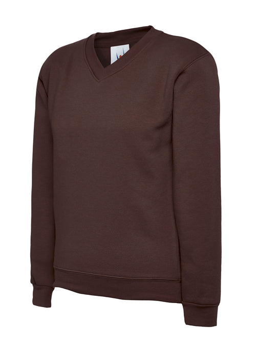 Dark brown V-neck long-sleeve sweatshirt with ribbed cuffs and hem, relaxed fit.