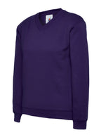 Purple long-sleeve V-neck sweatshirt with ribbed cuffs and hem, relaxed fit.