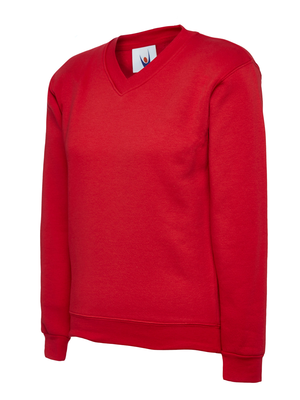 Red long-sleeve V-neck pullover sweatshirt with ribbed cuffs and hem, relaxed fit.