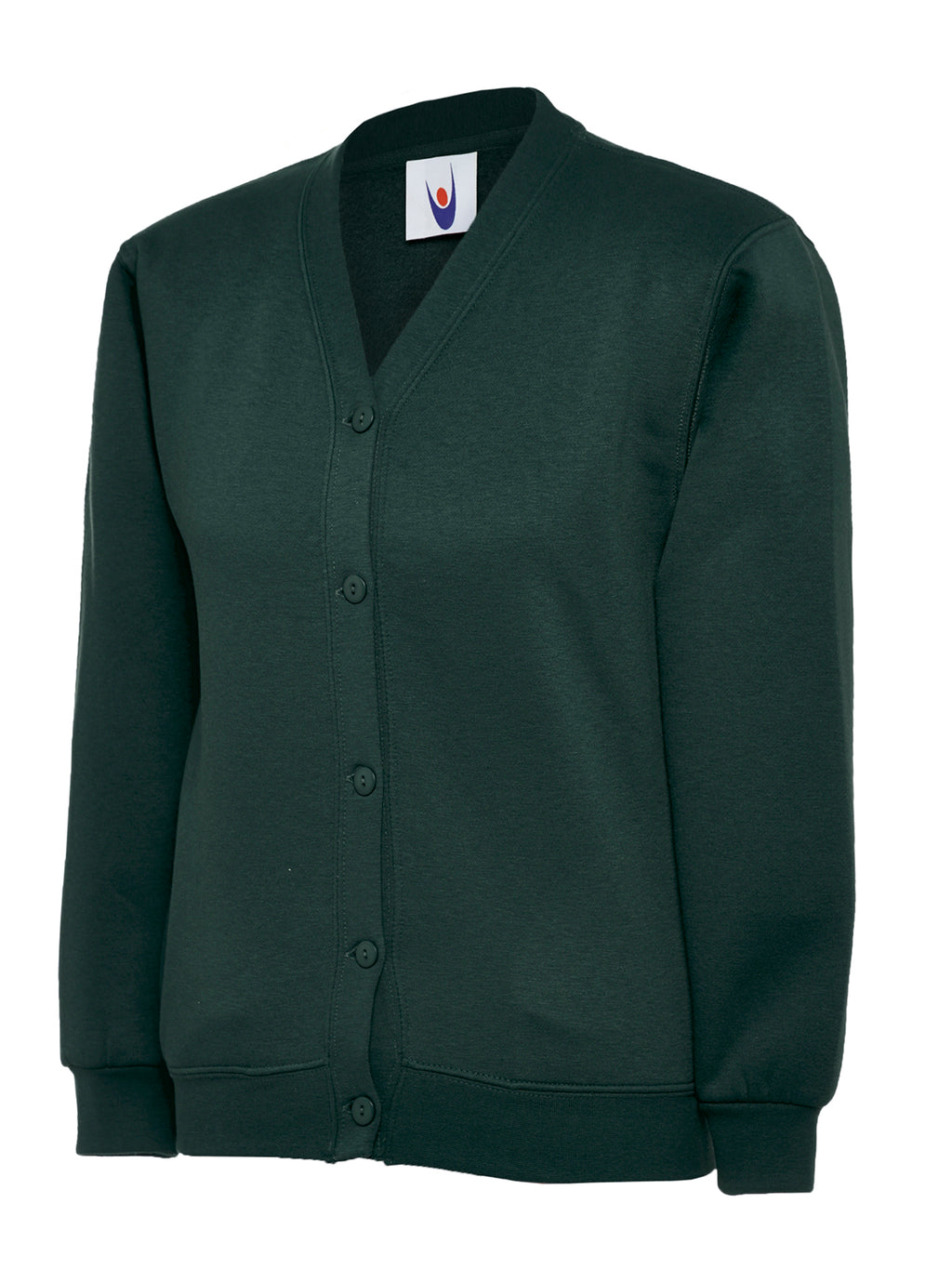 Dark green v-neck sweatshirt cardigan with button front, long sleeves, and ribbed cuffs and hem. Relaxed, classic fit.