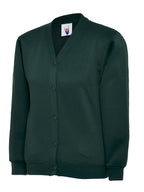 Dark green v-neck sweatshirt cardigan with button front, long sleeves, and ribbed cuffs and hem. Relaxed, classic fit.