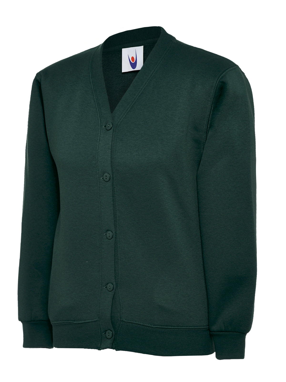 Dark green v-neck sweatshirt cardigan with button front, long sleeves, and ribbed cuffs and hem. Relaxed, classic fit.