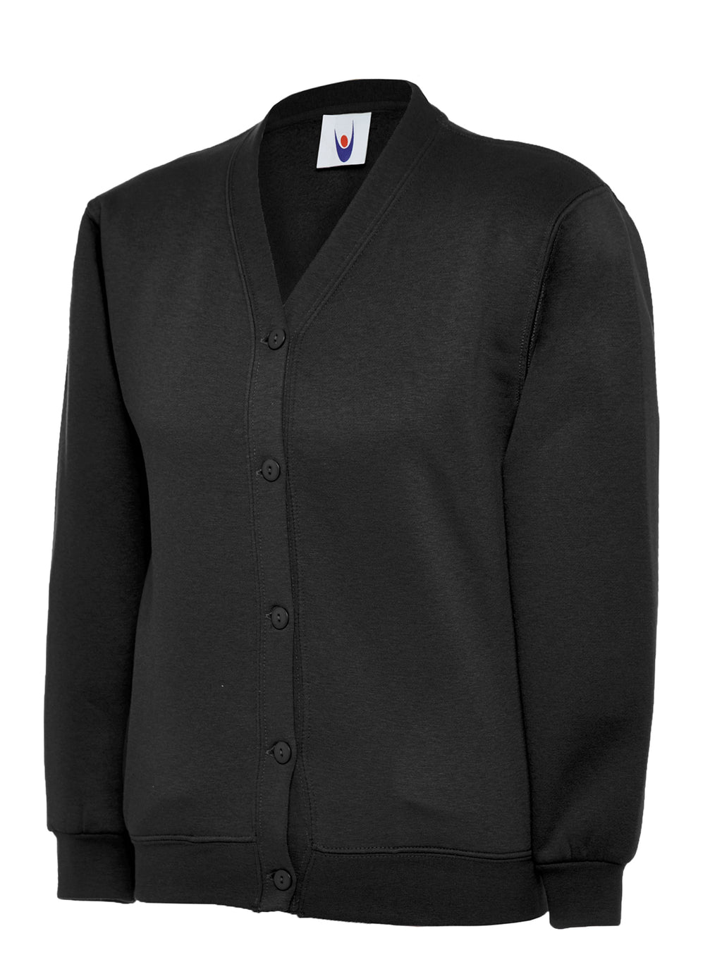 Black fleece-lined V-neck cardigan with a button-front closure and rib-knit cuffs in a classic, regular fit.