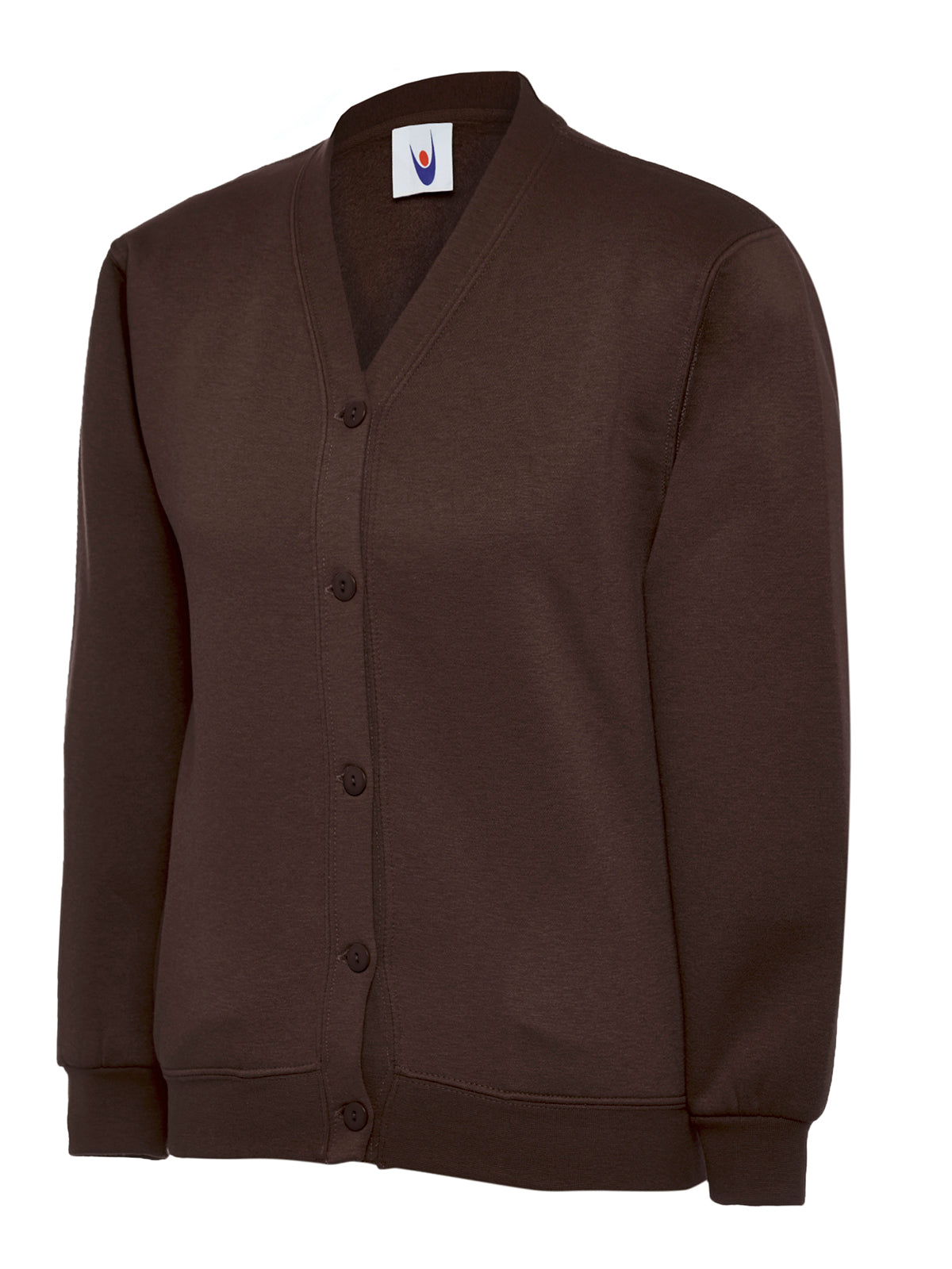 Dark brown V-neck button-front sweatshirt cardigan with long sleeves, ribbed cuffs, and a relaxed fit.