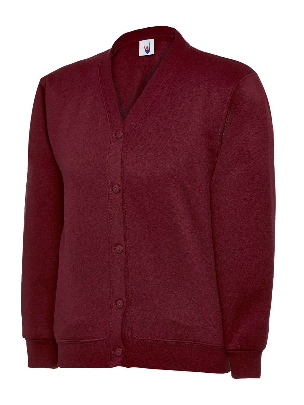 Maroon V-neck sweatshirt cardigan with button-front closure and rib-knit cuffs in a classic relaxed fit.