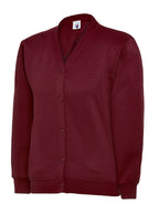 Maroon V-neck sweatshirt cardigan with button-front closure and rib-knit cuffs in a classic relaxed fit.