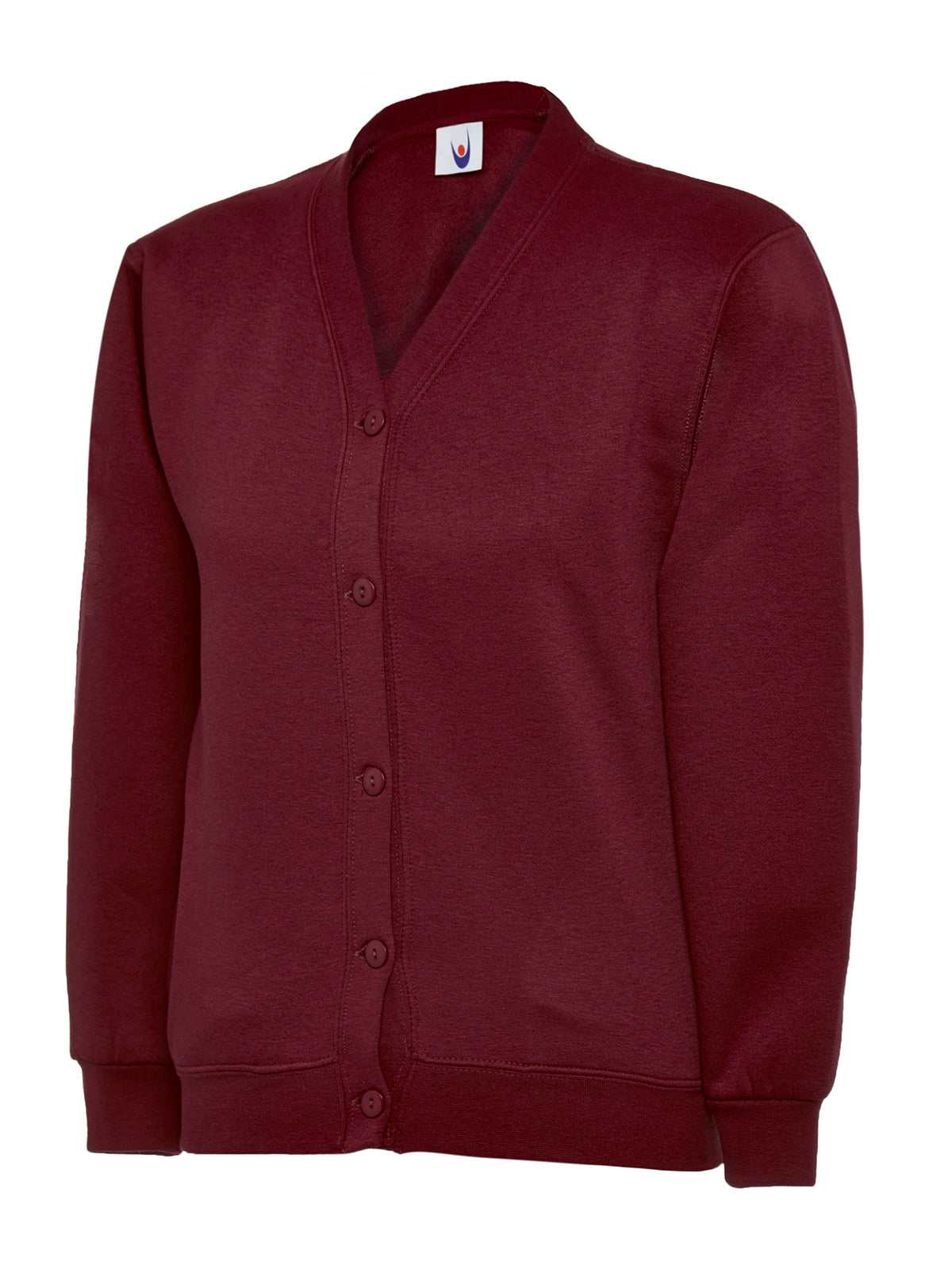 Maroon V-neck sweatshirt cardigan with button-front closure and rib-knit cuffs in a classic relaxed fit.