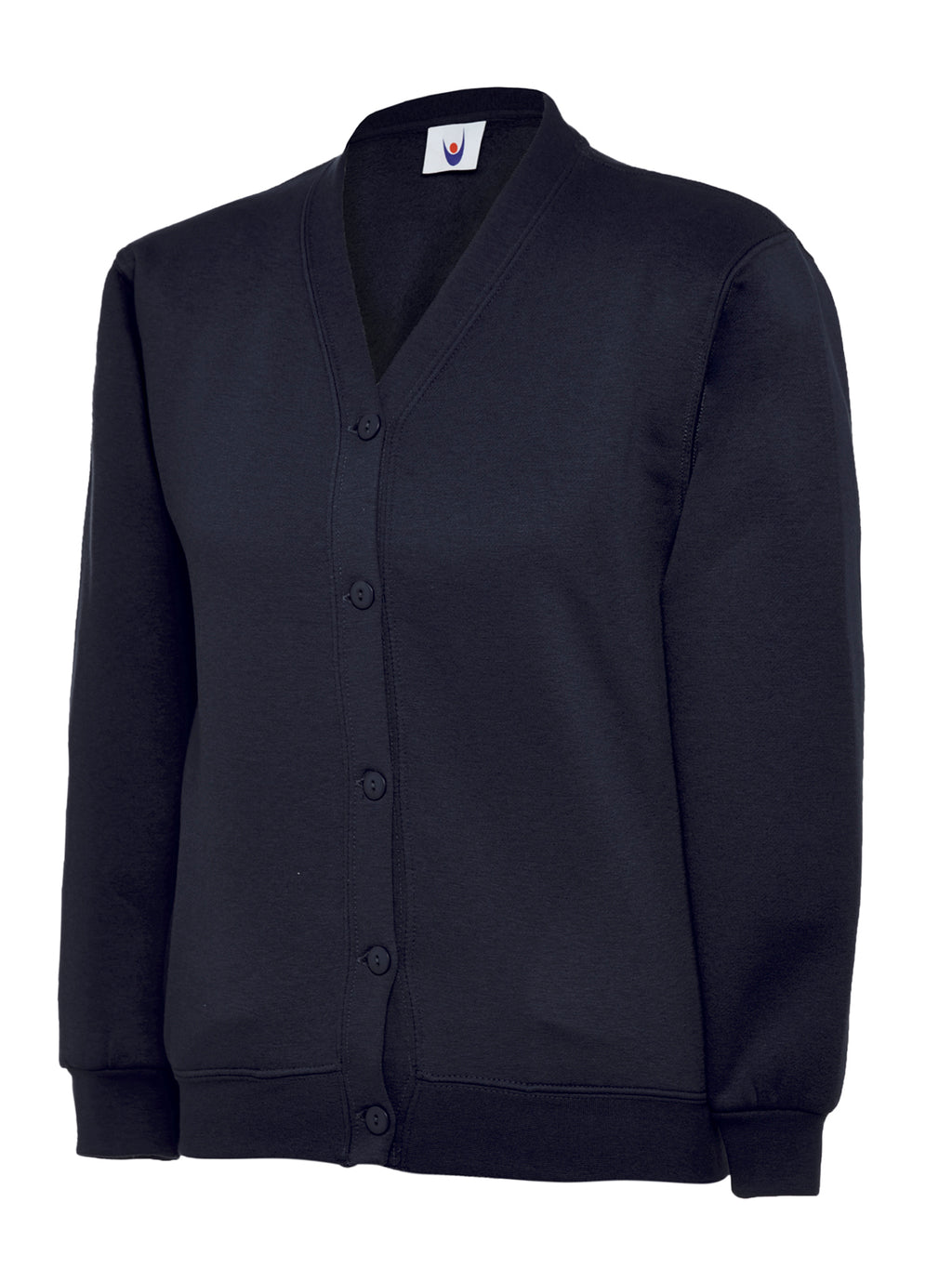 Navy blue button-down v-neck cardigan in a relaxed, jersey fleece fit with ribbed cuffs and hem.