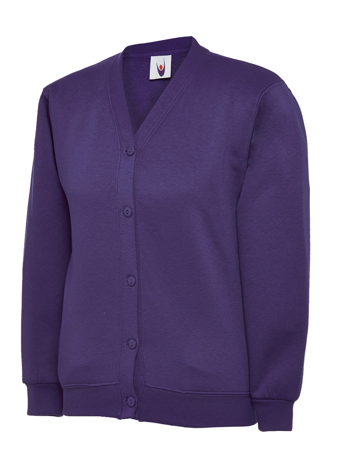 Purple fleece cardigan with V-neck, button-front closure, and ribbed cuffs in a relaxed, unisex fit.