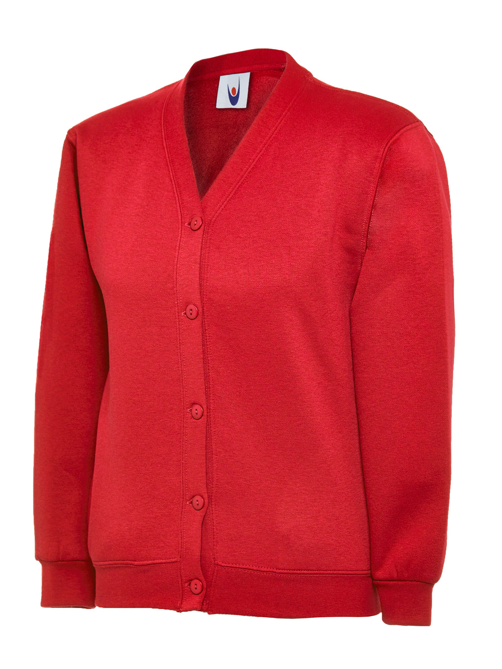 Red V-neck sweatshirt cardigan with button-front closure, ribbed cuffs and hem, in a regular, boxy fit.