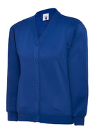 Royal blue button-down v-neck sweatshirt cardigan with long sleeves and ribbed cuffs in a relaxed fit.