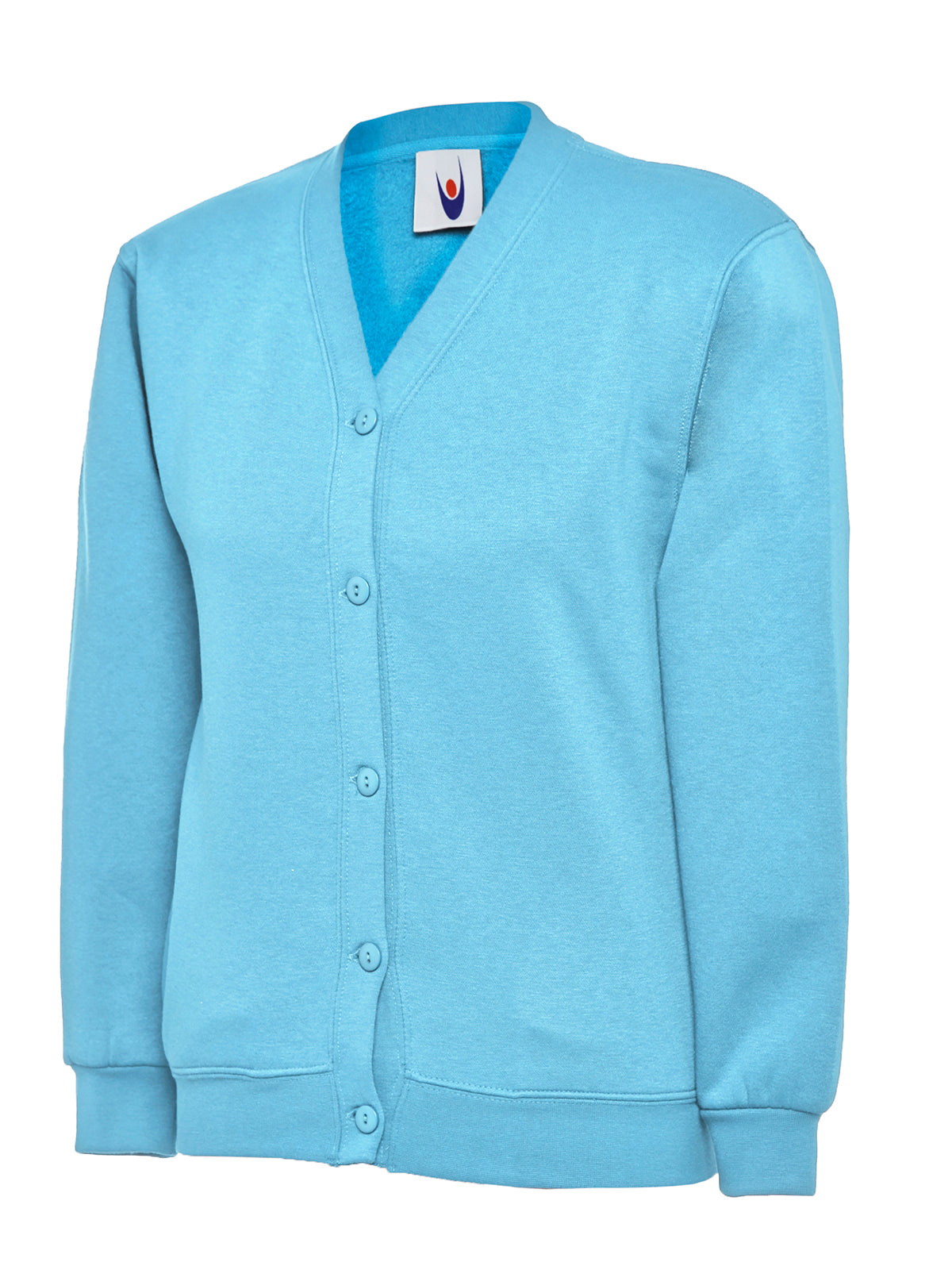 Light blue fleece-lined cardigan with a V-neck, button-down front, and ribbed cuffs and hem. Relaxed fit.