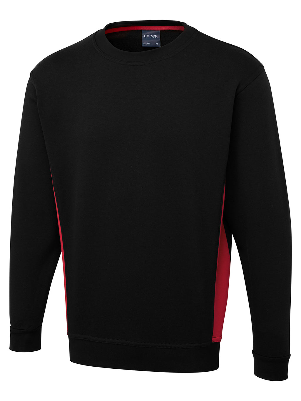 Black crewneck sweatshirt with red side panels and inner neck trim. Long-sleeved, regular fit, ribbed cuffs and hem.