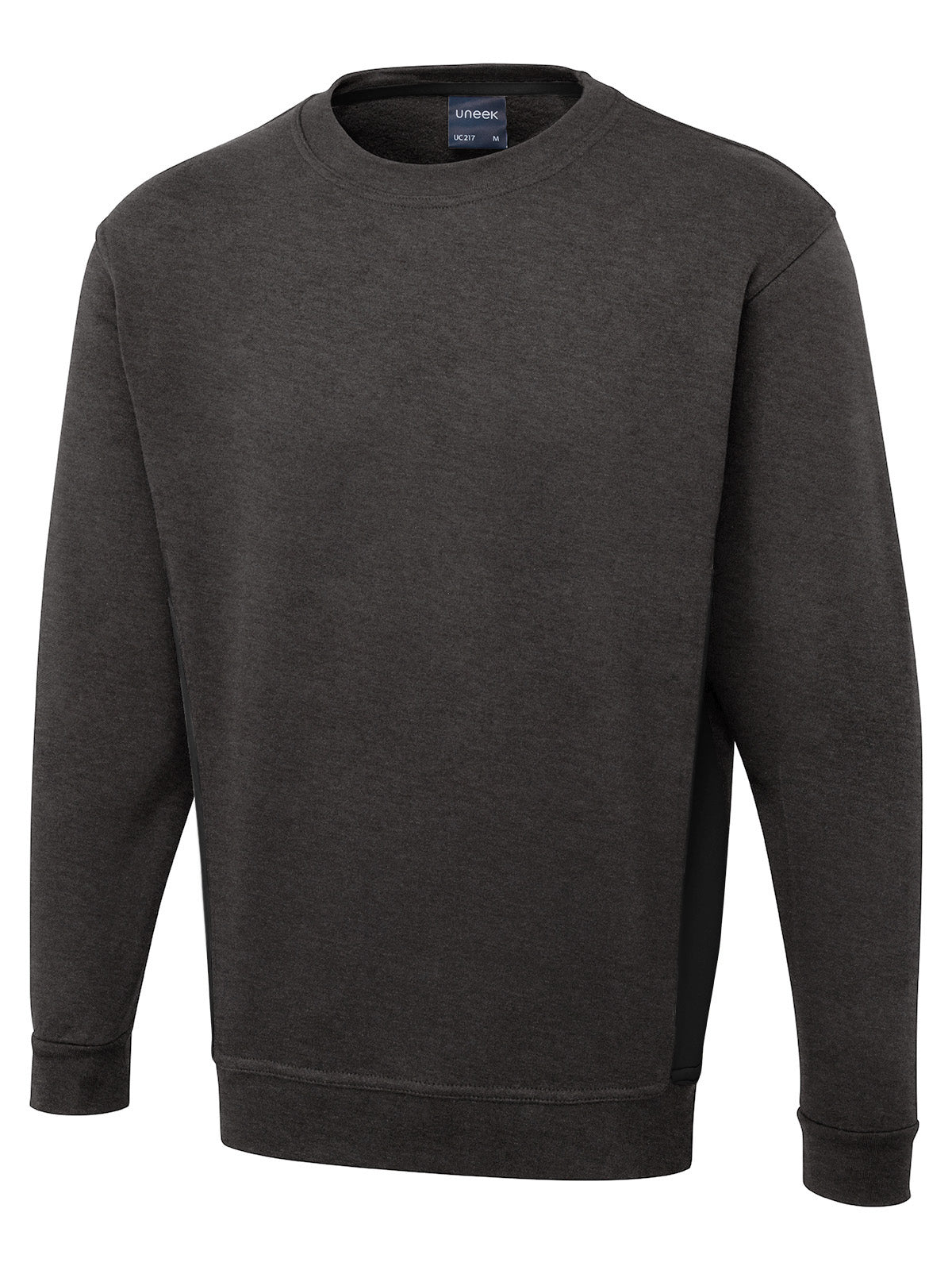 Charcoal grey crewneck sweatshirt in a regular fit with long sleeves, ribbed cuffs, and side panel detailing.