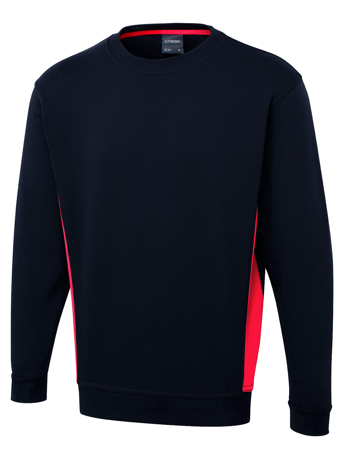 Navy blue crewneck sweatshirt with long sleeves, ribbed trim, and contrasting red side panels and inner neck tape.