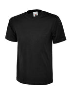 Black short-sleeve crewneck T-shirt with a regular fit and ribbed neckline.