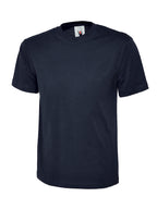 Navy blue crew neck t-shirt with short sleeves and a regular, relaxed fit.