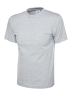 Light gray crew neck t-shirt with short sleeves and a regular, straight fit.