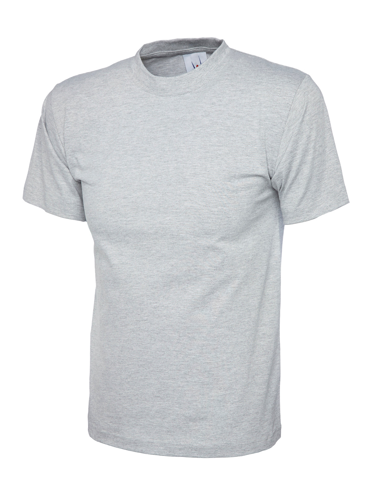 Light gray crew neck t-shirt with short sleeves and a regular, straight fit.