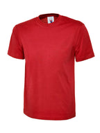Red short-sleeve crewneck t-shirt in a classic, relaxed fit with a ribbed collar.