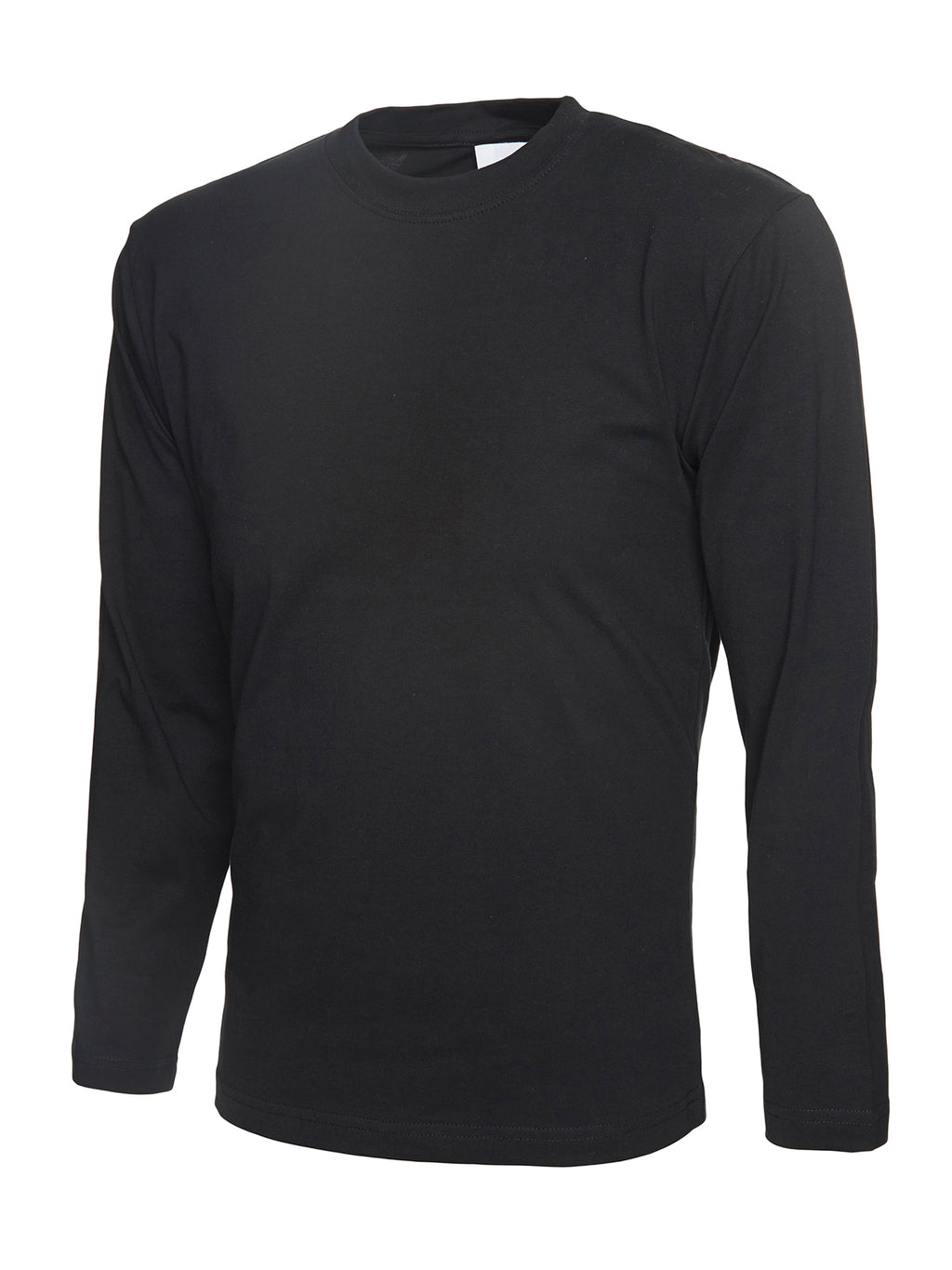 Black long-sleeve crew neck t-shirt in a regular fit, made from plain cotton jersey.