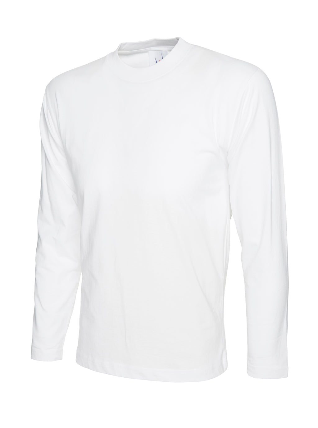 White long-sleeve crew neck t-shirt in a classic, straight fit.