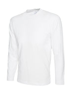 White long-sleeve crew neck t-shirt in a classic, straight fit.