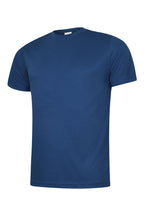 Royal blue short-sleeve athletic t-shirt in a textured, moisture-wicking mesh fabric with a classic crew neck.