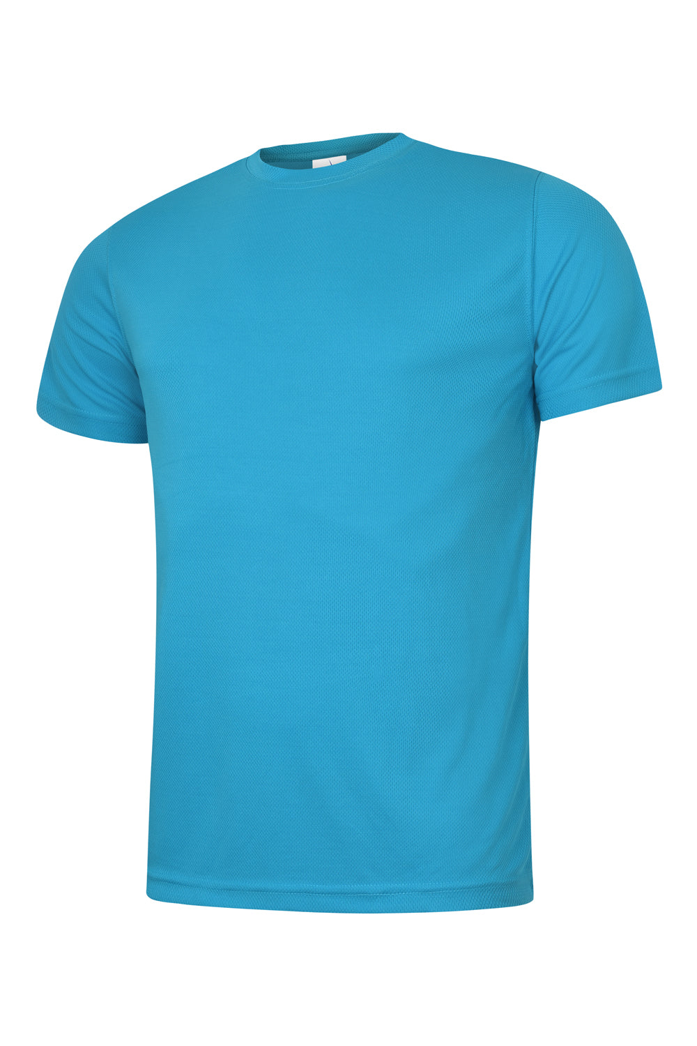Bright blue short-sleeve athletic crewneck t-shirt in a textured, moisture-wicking mesh fabric with a regular fit.