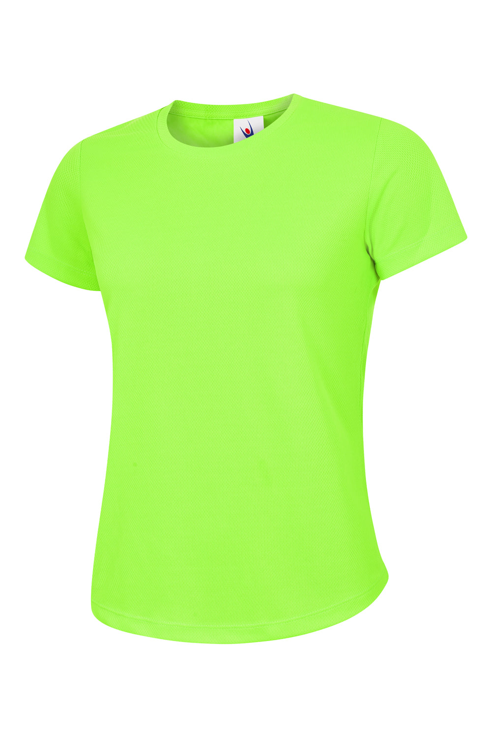 Neon green crewneck short-sleeve athletic t-shirt in a breathable mesh fabric with a slim, feminine fit.