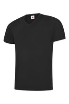 Black short-sleeve V-neck T-shirt with a regular fit, shown on a white background.