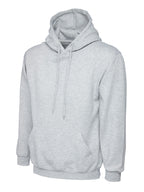 Light heather gray pullover hoodie with a drawstring hood, long sleeves, and a front kangaroo pocket. Regular fit.