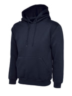 Navy blue pullover hoodie with a front kangaroo pocket, matching drawstring hood, and a standard, relaxed fit.