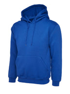 Royal blue pullover hoodie with a drawstring hood, kangaroo pocket, and ribbed cuffs and hem. Relaxed, classic fit.