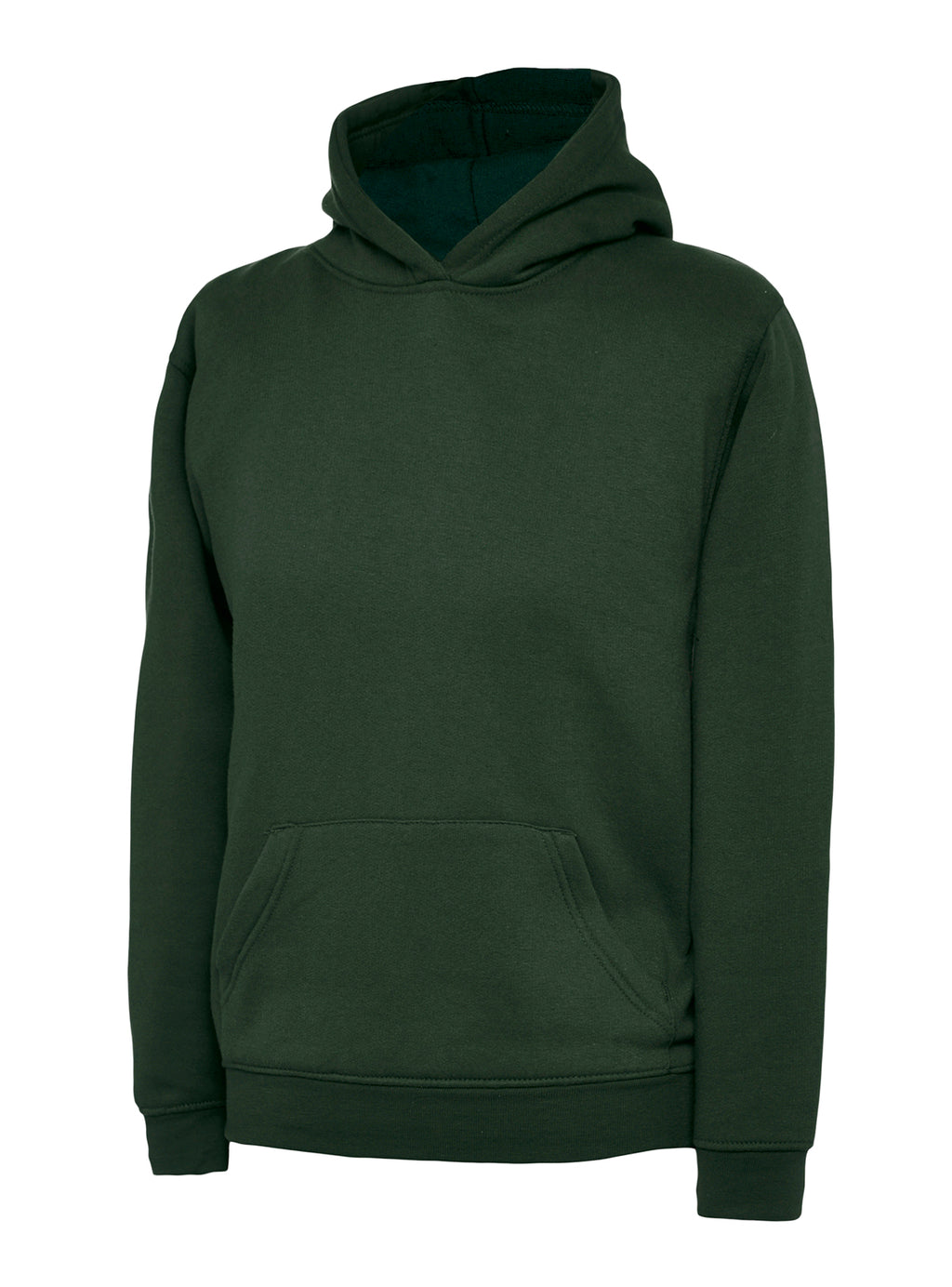 Dark green long-sleeve hooded sweatshirt with a front kangaroo pocket, ribbed cuffs, and a relaxed fit.