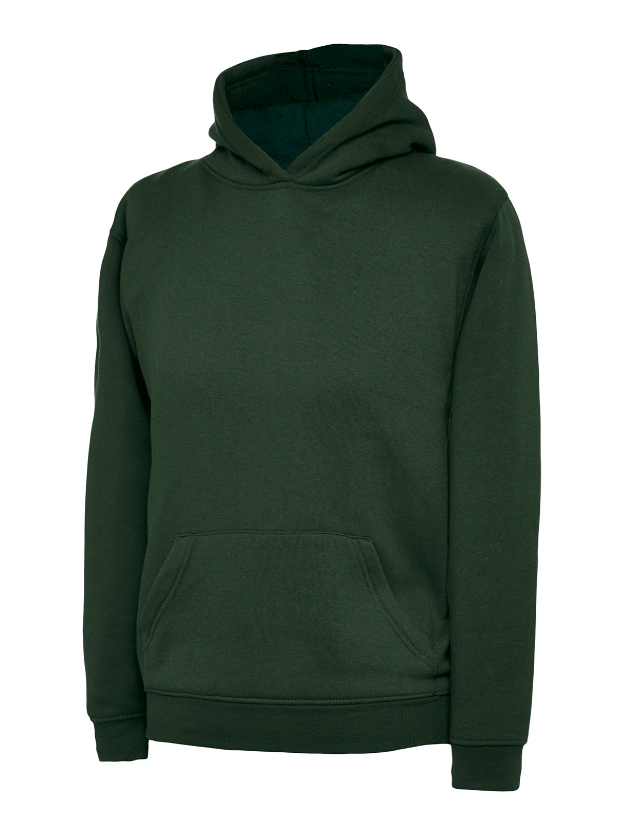 Dark green long-sleeve hooded sweatshirt with a front kangaroo pocket, ribbed cuffs, and a relaxed fit.