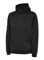 Black pullover hoodie with a drawstring-free hood, kangaroo pocket, and ribbed cuffs and hem, in a regular fit.