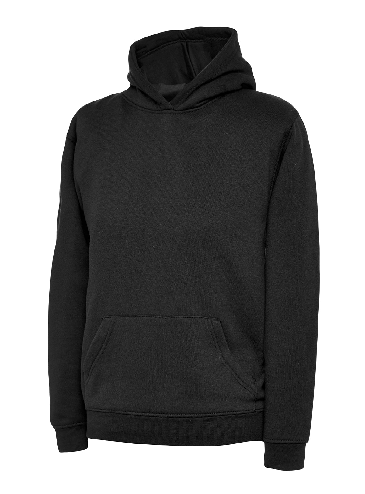Black pullover hoodie with a drawstring-free hood, kangaroo pocket, and ribbed cuffs and hem, in a regular fit.