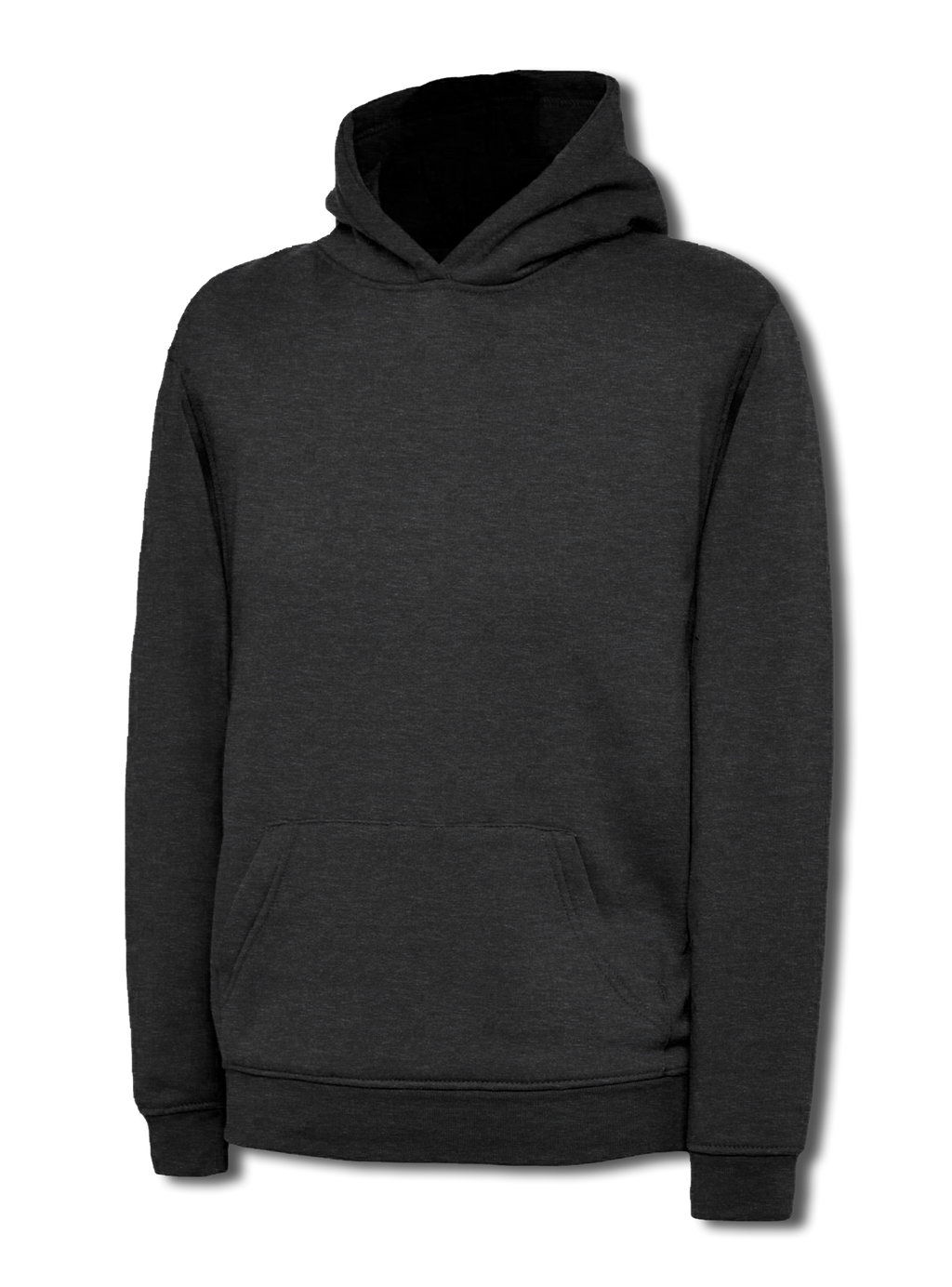 Charcoal grey hoodie with a classic fit, featuring a drawstring-free hood and a front kangaroo pocket.