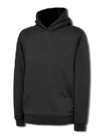Charcoal grey hoodie with a classic fit, featuring a drawstring-free hood and a front kangaroo pocket.